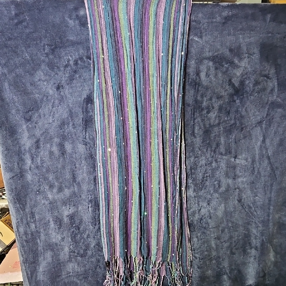 Cejon Striped Fringe Wrap in Teal, Purple and Navy